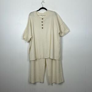 Ekouaer 2 Piece Knit Pant Set 3/4 Button Stretch Pullover Top Wide Leg Lounge 2X